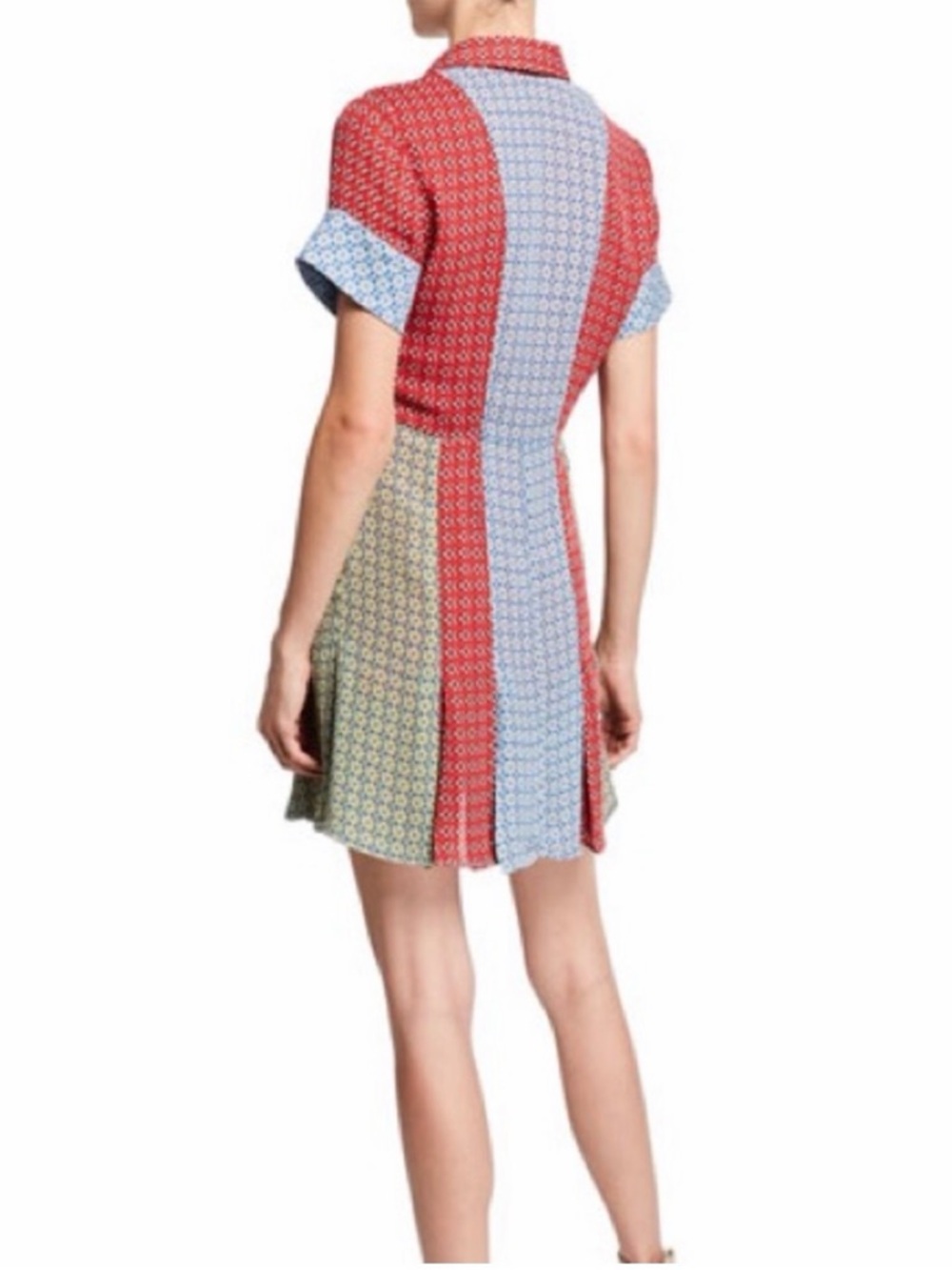 Alice + Olivia Mixed-Panel Mini Dress in Red, Light Blue and Olive - Picture 4 of 11